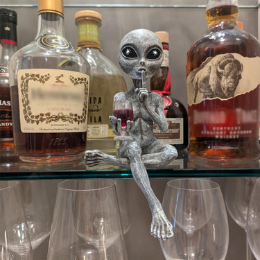 Alien Invasion™ “Party Alien” Female Wine Drinking Ledge Lounger © 10 Inch H Funny Home or Garden Alien Statue